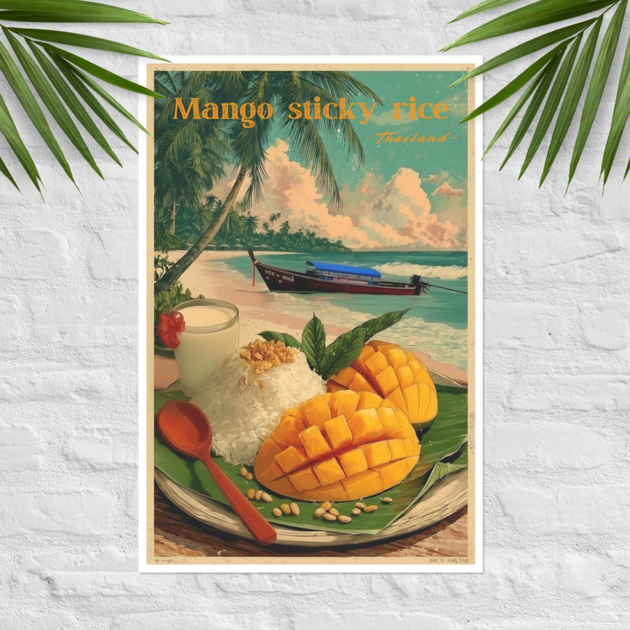 Thai mango sticky rice poster with tropical scenery