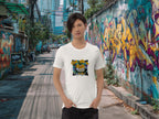 Model wearing Stick With Me t-shirt at vibrant night market setting
