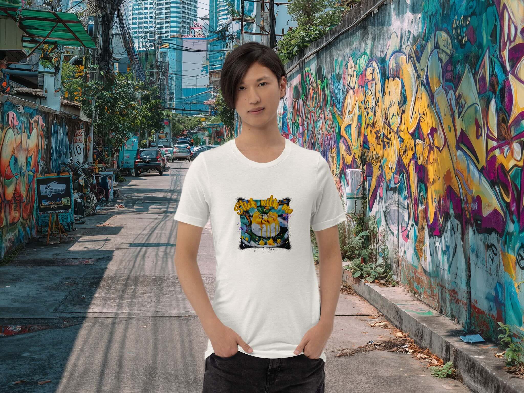 Model wearing Stick With Me t-shirt at vibrant night market setting