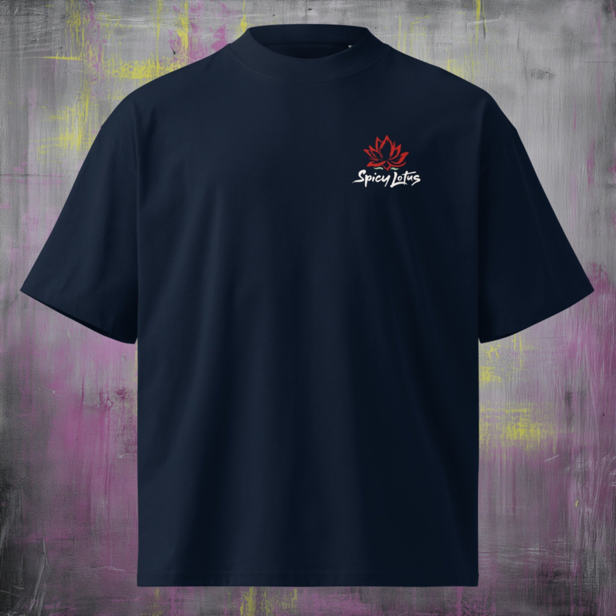 Small left chest logo on Roll With Us oversized organic tee
