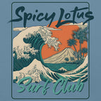 Close-up DTG print Spicy Lotus Surf Club Sunrise Wave on blue fabric