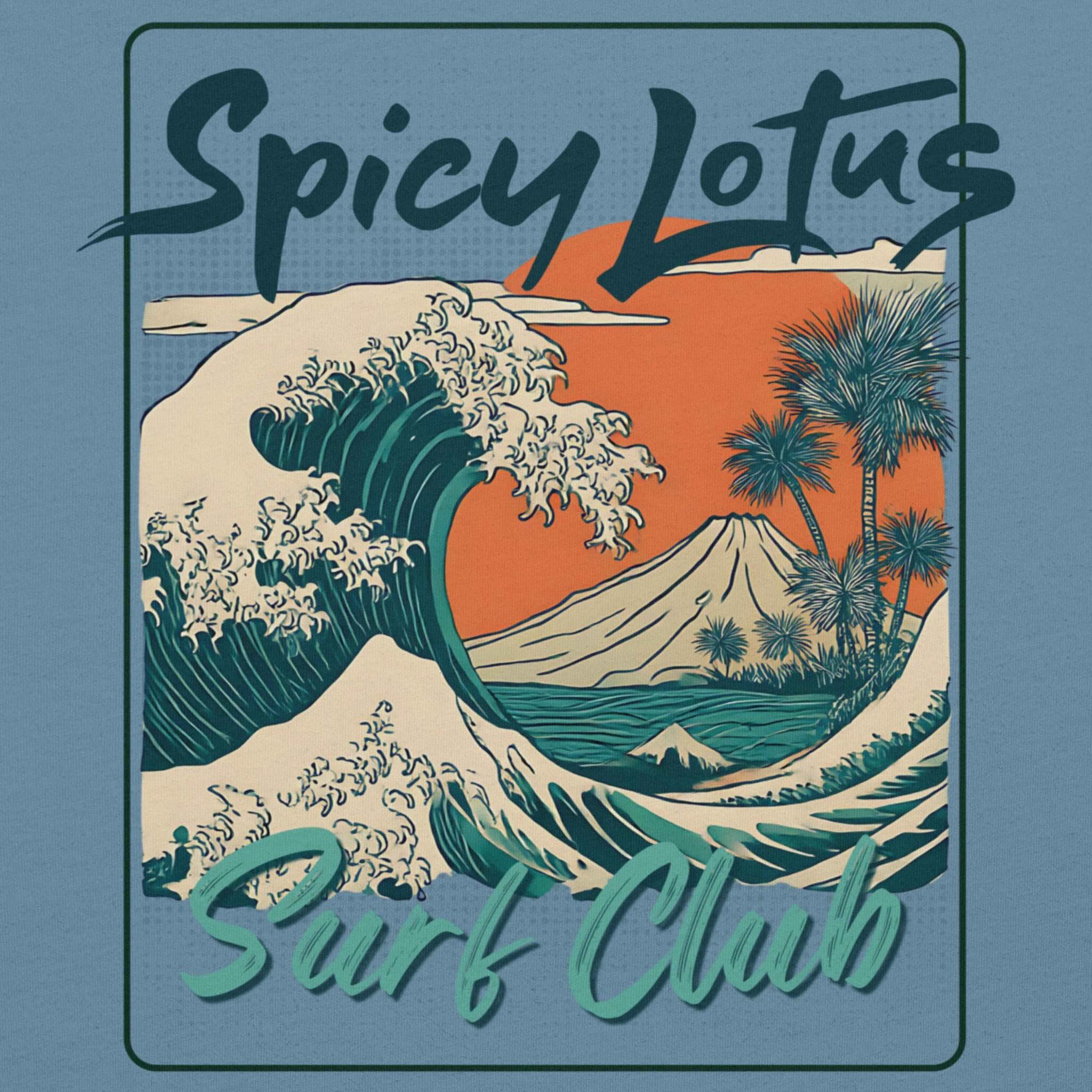 Close-up DTG print Spicy Lotus Surf Club Sunrise Wave on blue fabric
