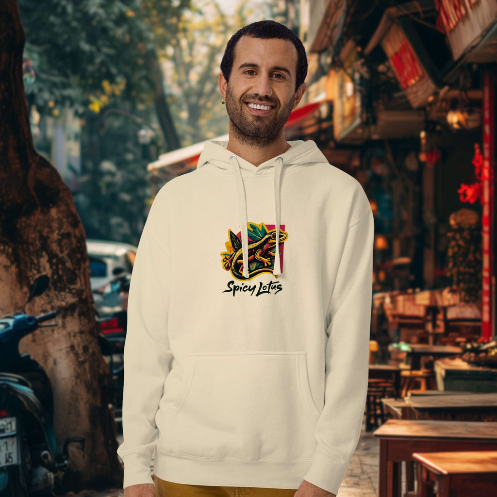 Model wearing Urban Gecko hoodie exploring city streets