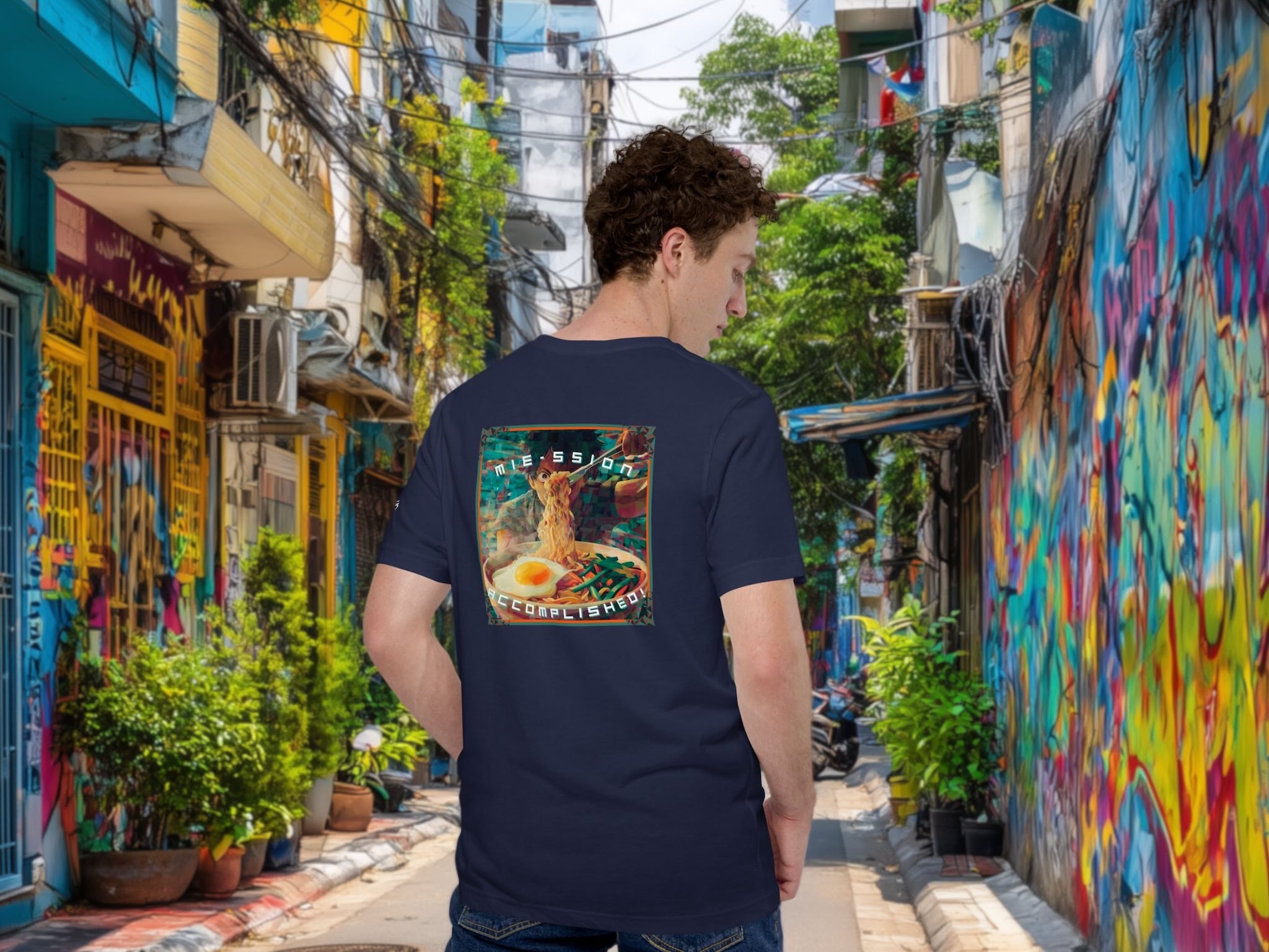 Model wearing Mie-ssion Accomplished t-shirt in playful urban setting