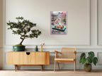 Vertical watercolor canvas with colored wrap edges on bright wall