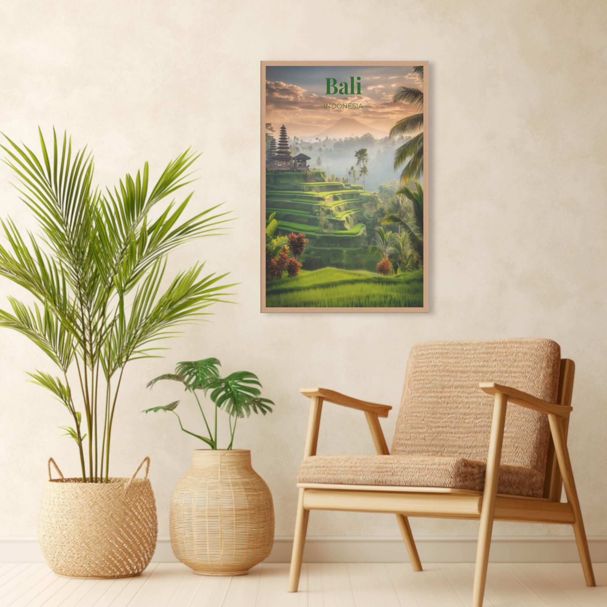 Emerald rice fields with Mount Agung in misty dawn scenery on living room wall