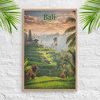Mount Agung poster with Bali rice terraces and sacred temple