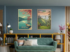 Two travel canvas from Japan and Indonesia against living room wall
