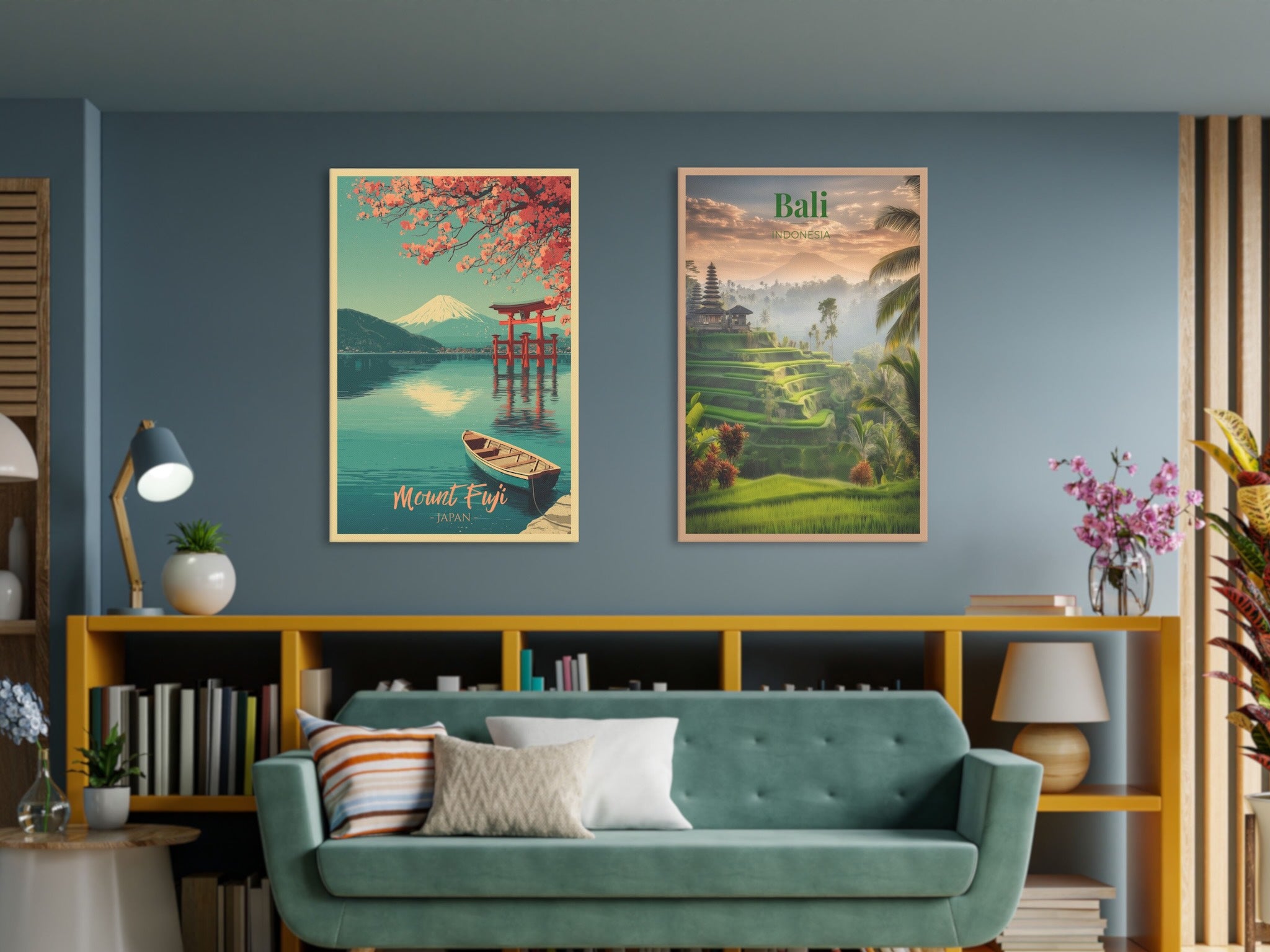 Two travel canvas from Japan and Indonesia against living room wall