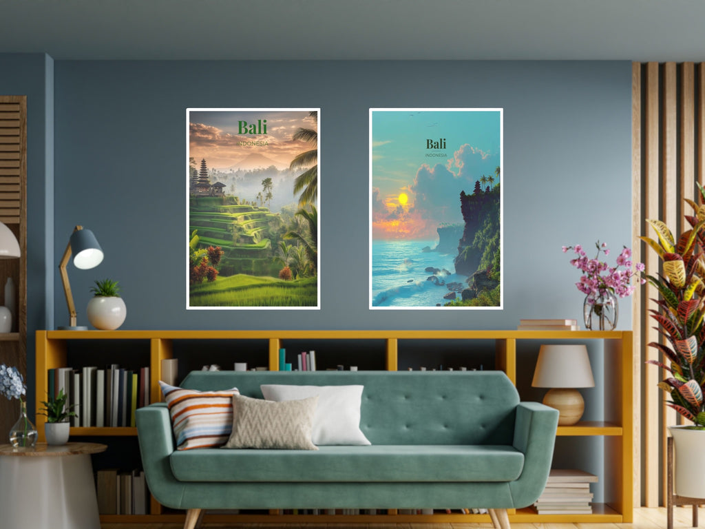 Two Bali posters showing volcano, rice terraces and cliffs in a living room