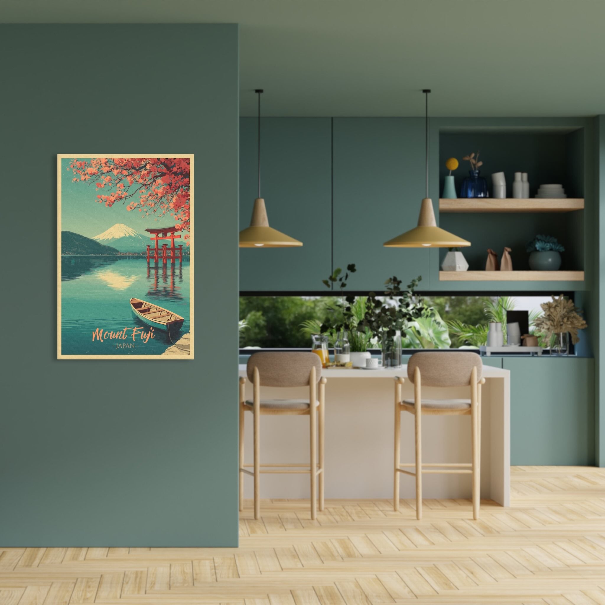 Japanese Sakura blossom lake wall art vertical canvas in kitchen