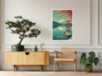 Peaceful Japanese nature wall art of Mount Fuji with cherry blossoms and boat in living room setup