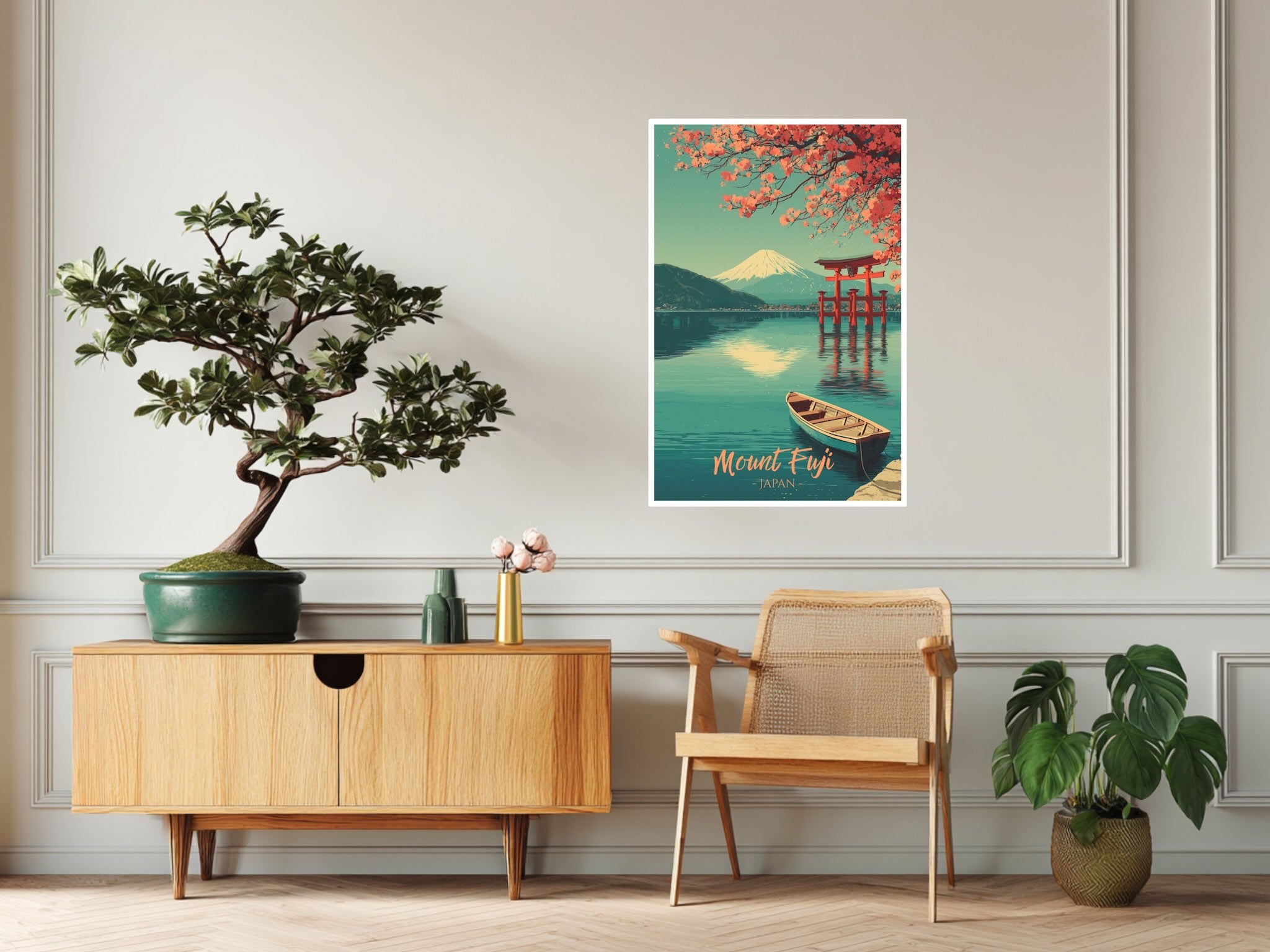 Peaceful Japanese nature wall art of Mount Fuji with cherry blossoms and boat in living room setup