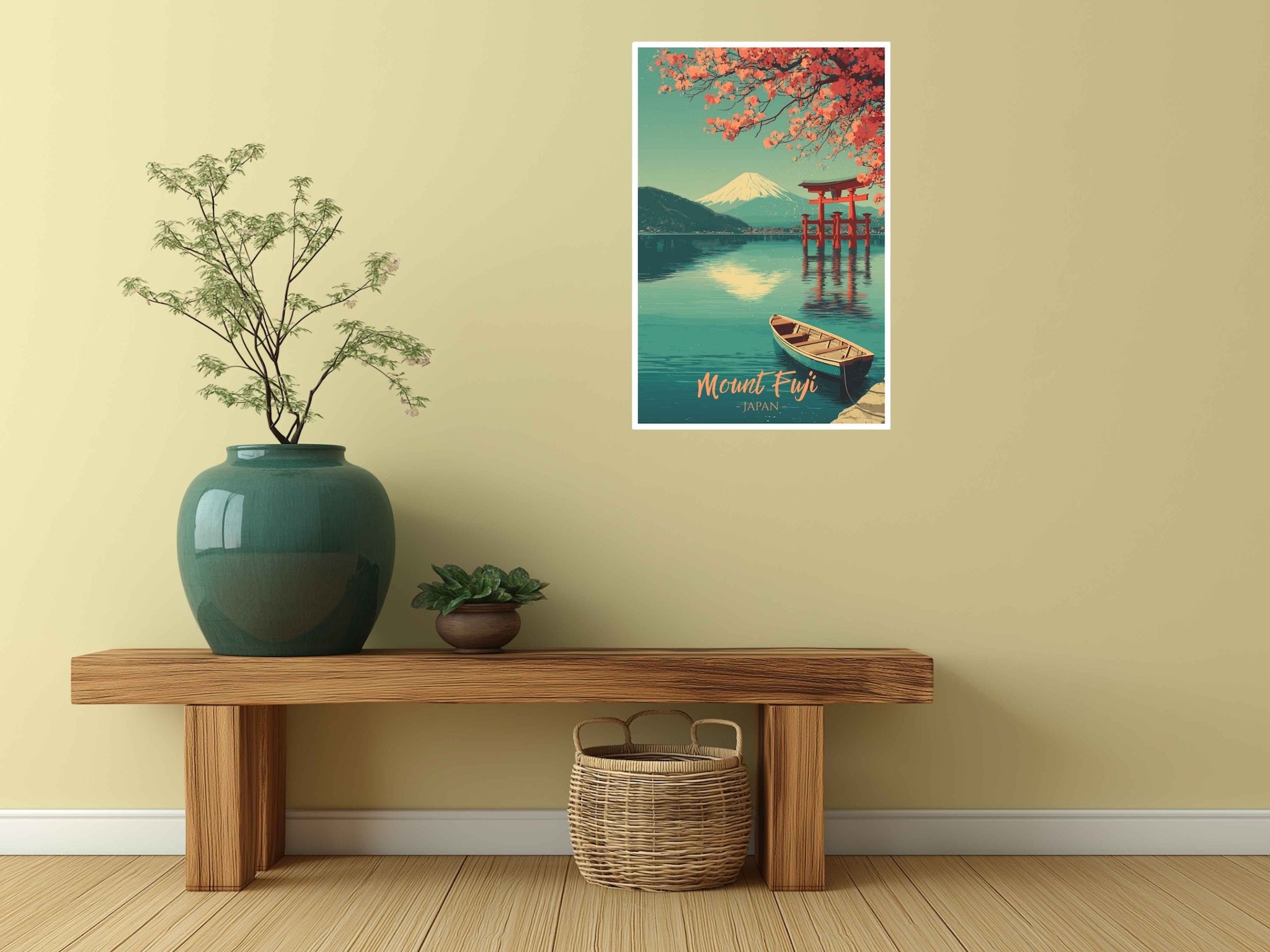 Zen travel poster featuring Mount Fuji and Torii gate attached to hallway wall