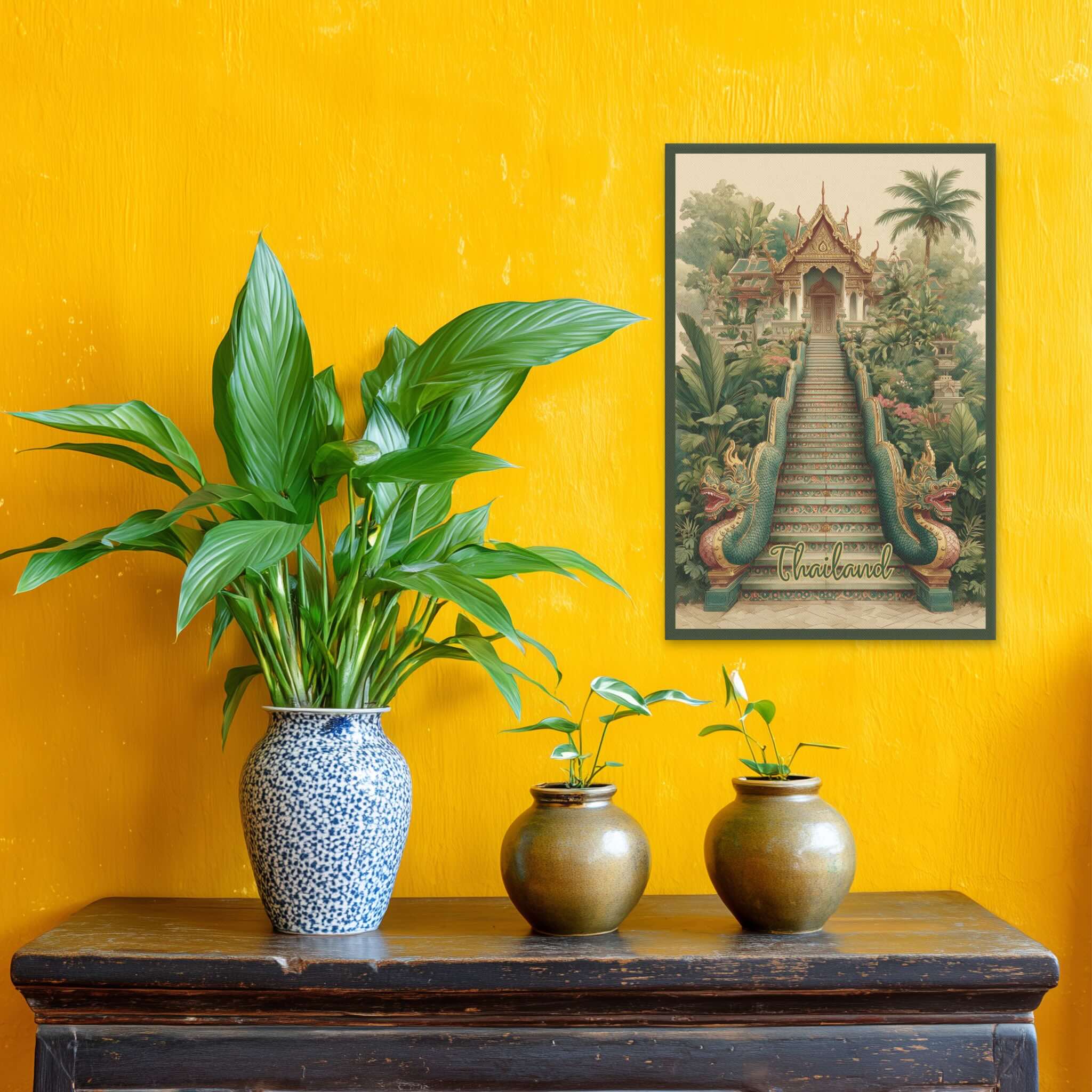 Vintage-style Thai temple illustration with spiritual symbolism against yellow wall