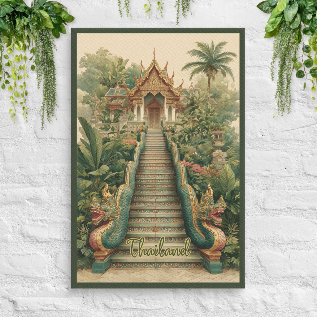 Naga Stairs Thailand golden temple canvas with mythical serpent guardians