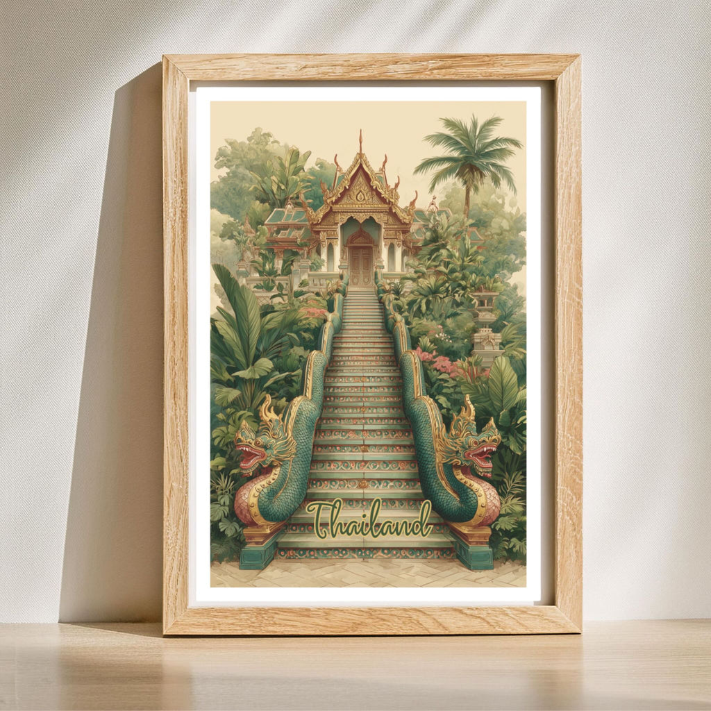 Southeast Asian sacred staircase vertical wall art print in wooden frame