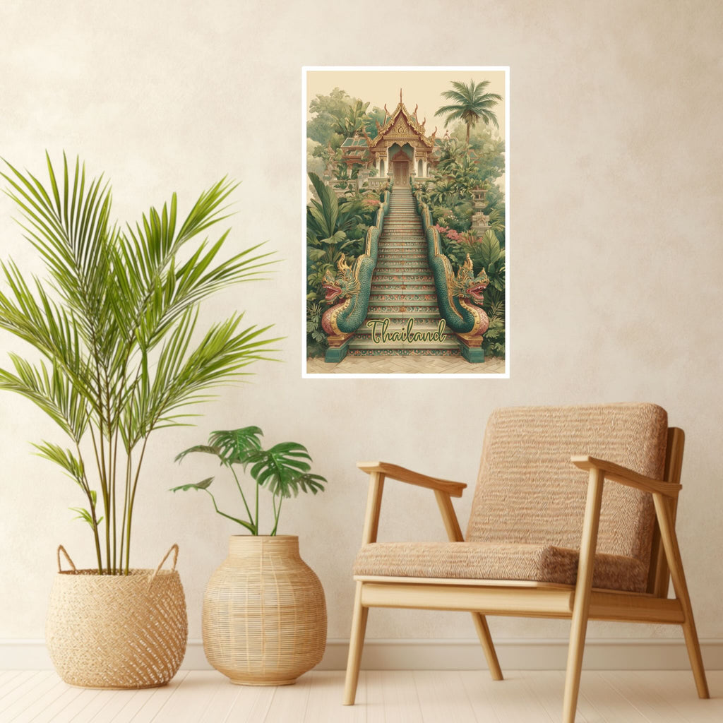 Vintage-style Thai temple illustration in living room setup