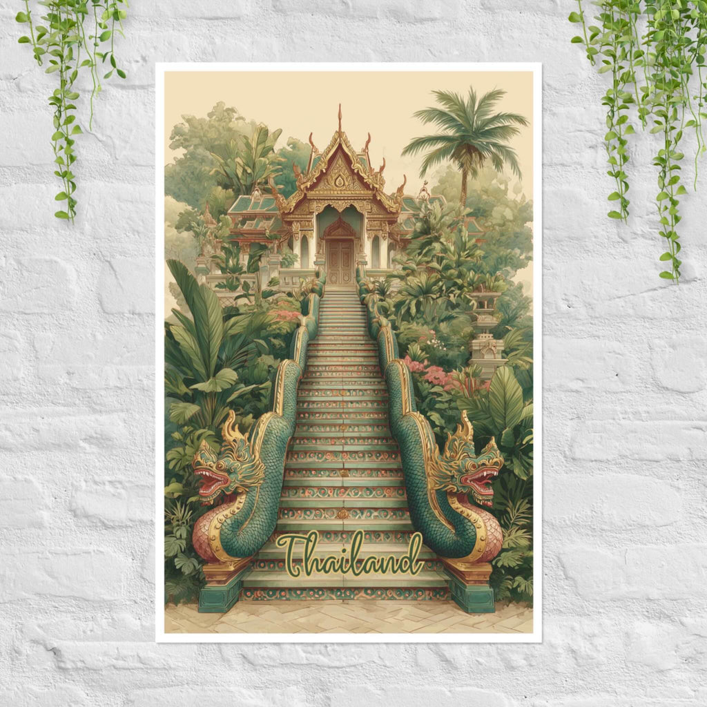 Naga Stairs Thailand golden temple poster with mythical serpent guardians