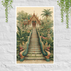 Naga Stairs Thailand golden temple poster with mythical serpent guardians