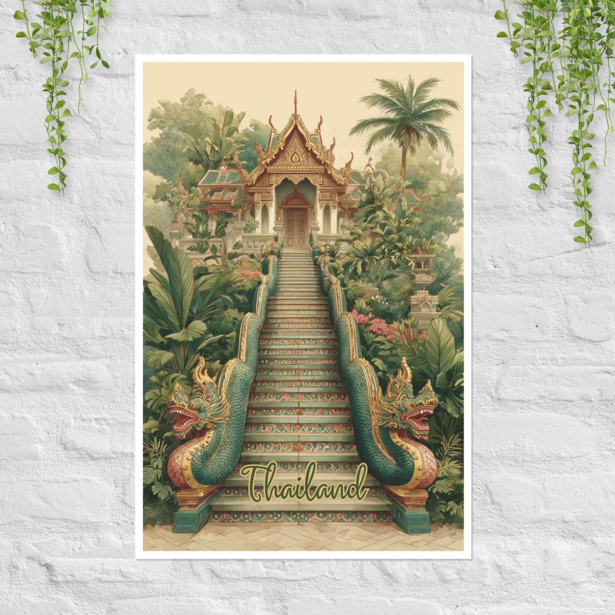 Naga Stairs Thailand golden temple poster with mythical serpent guardians