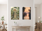 Two travel posters from Thailand displayed on living room wall