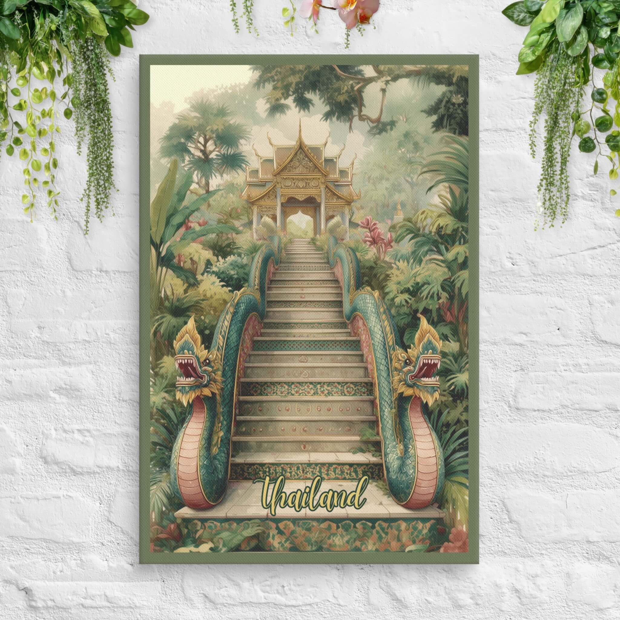 Naga Stairs Thailand jungle temple canvas with mythical serpents