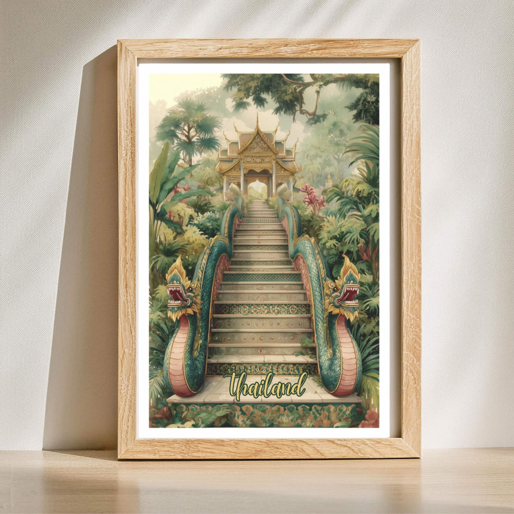 Tropical Thai temple staircase vertical wall art in wooden frame