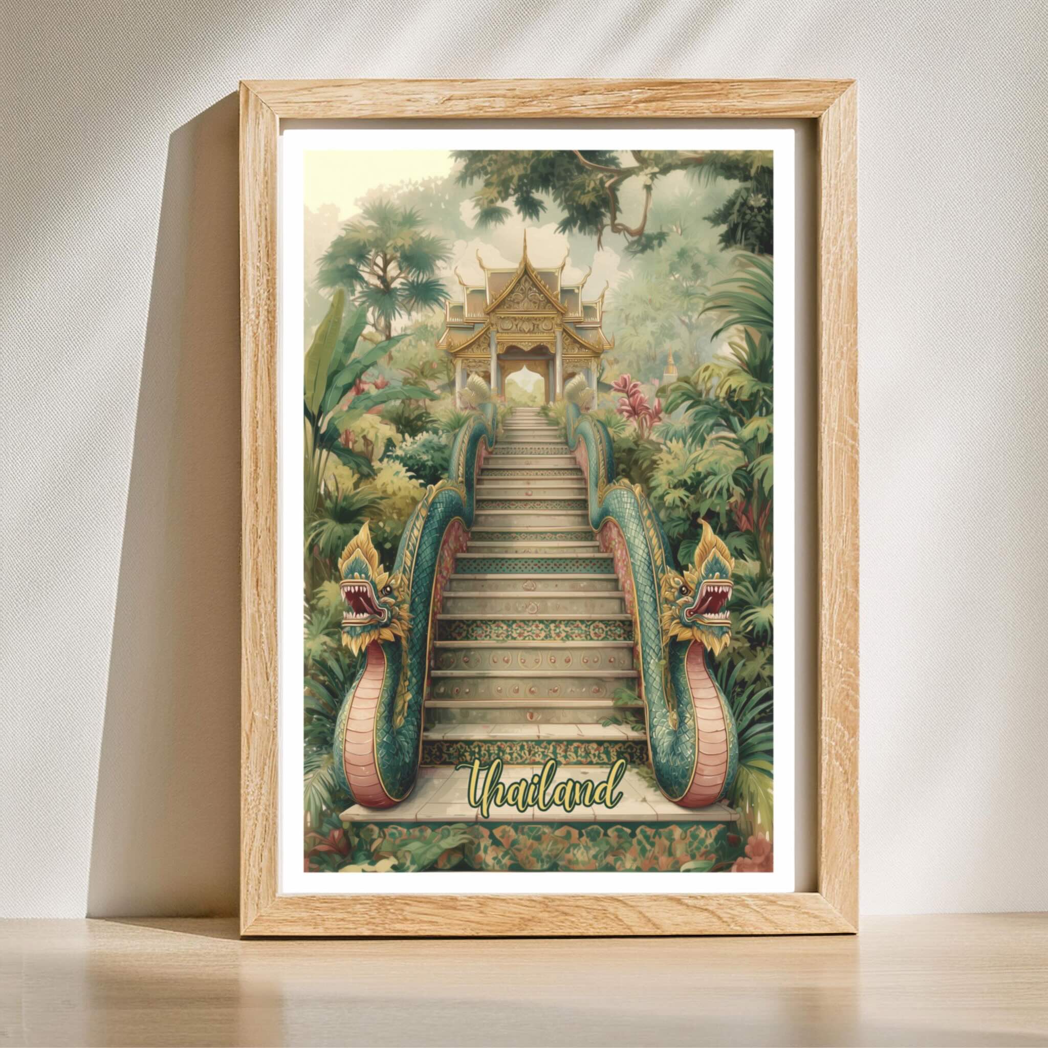 Tropical Thai temple staircase vertical wall art in wooden frame