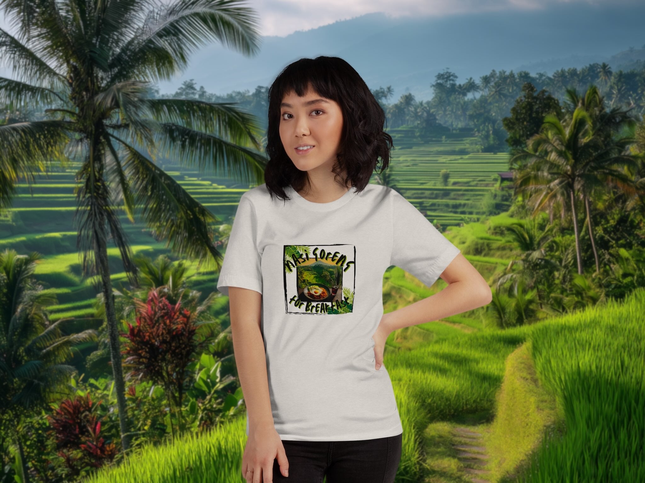 Model wearing Nasi Goreng for Breakfast t-shirt in relaxed Bali morning setting