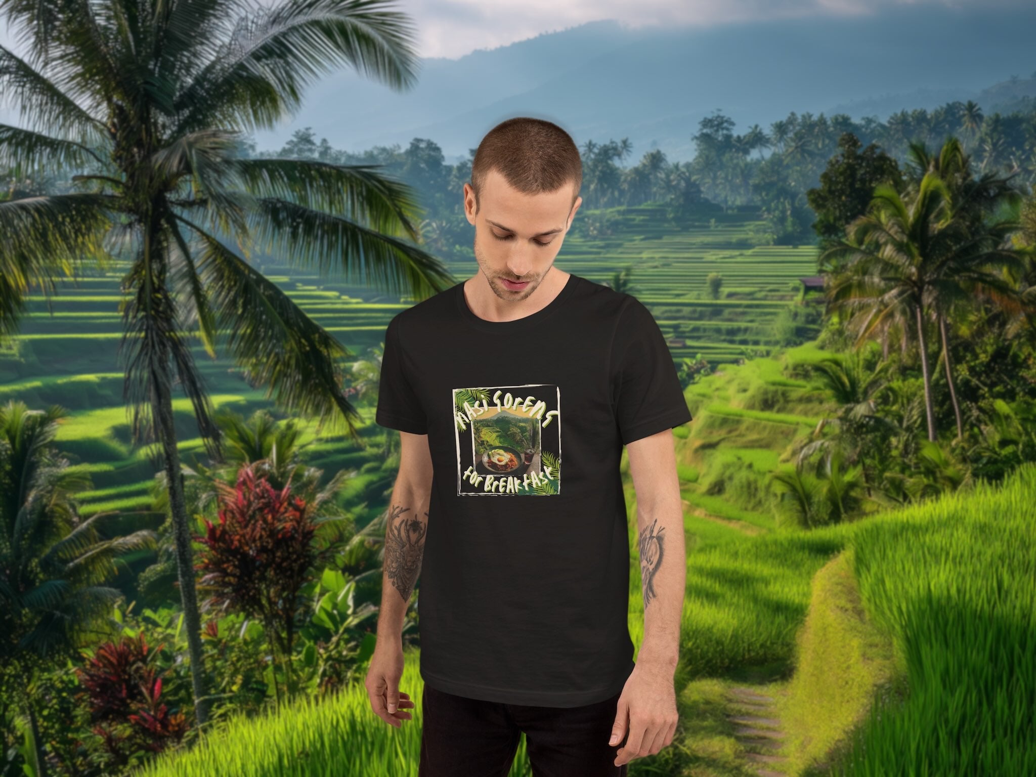 Model wearing Nasi Goreng for Breakfast t-shirt in relaxed Bali morning setting