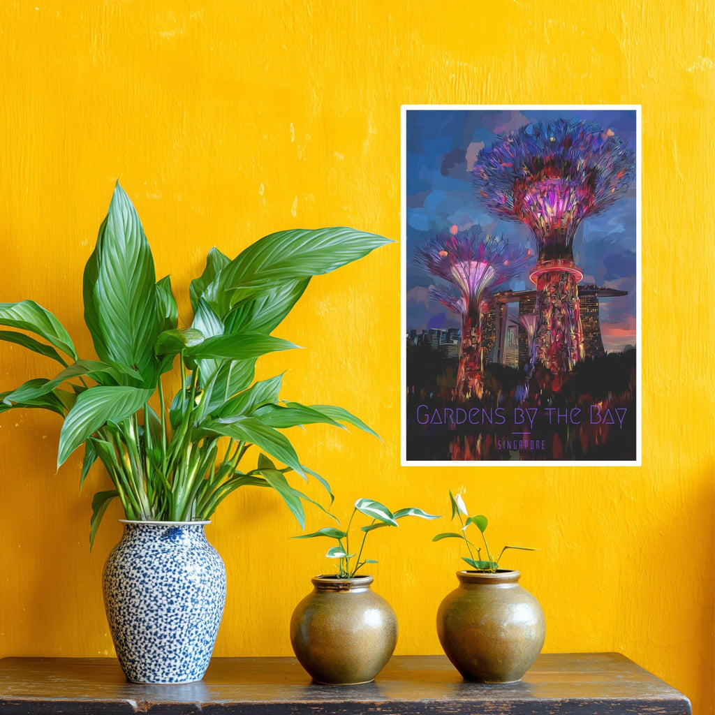 Futuristic urban nature vertical Singapore wall art against yellow wall