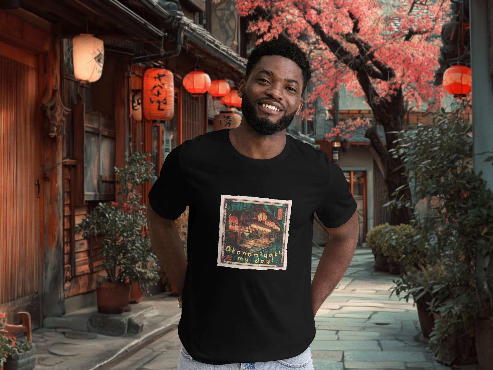 Model wearing Okonomiyaki My Day t-shirt in japanese evening street scene in Kyoto, Japan