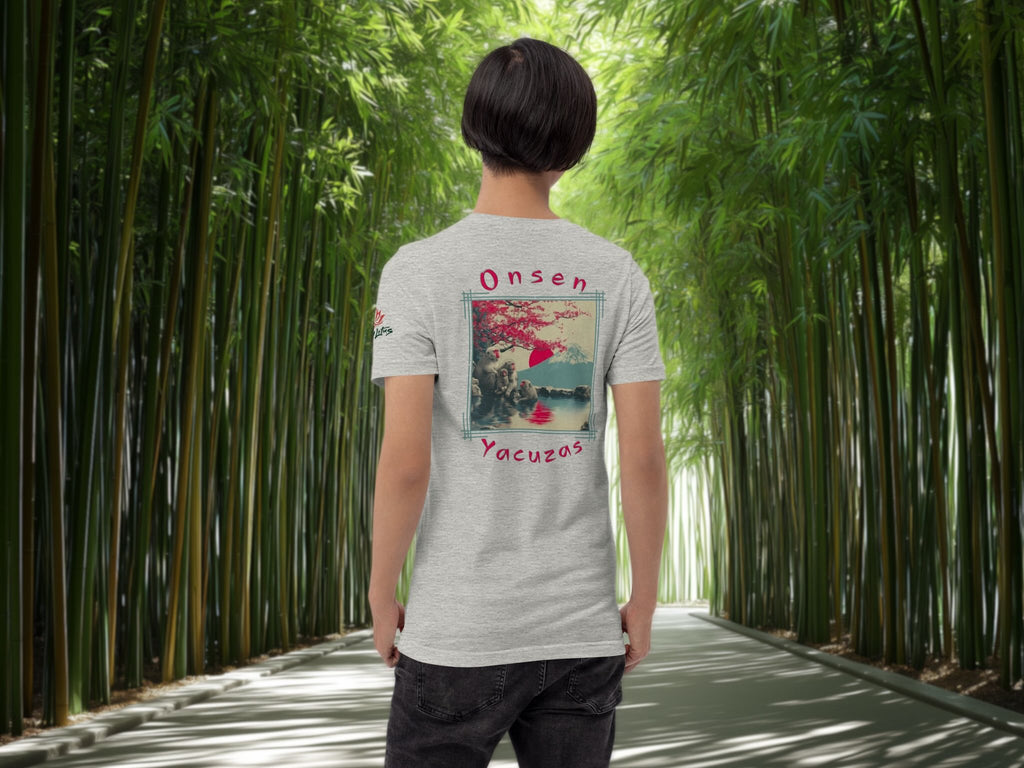 Person wearing a t-shirt with 'Onsen Yacuzos' design in a bamboo forest
