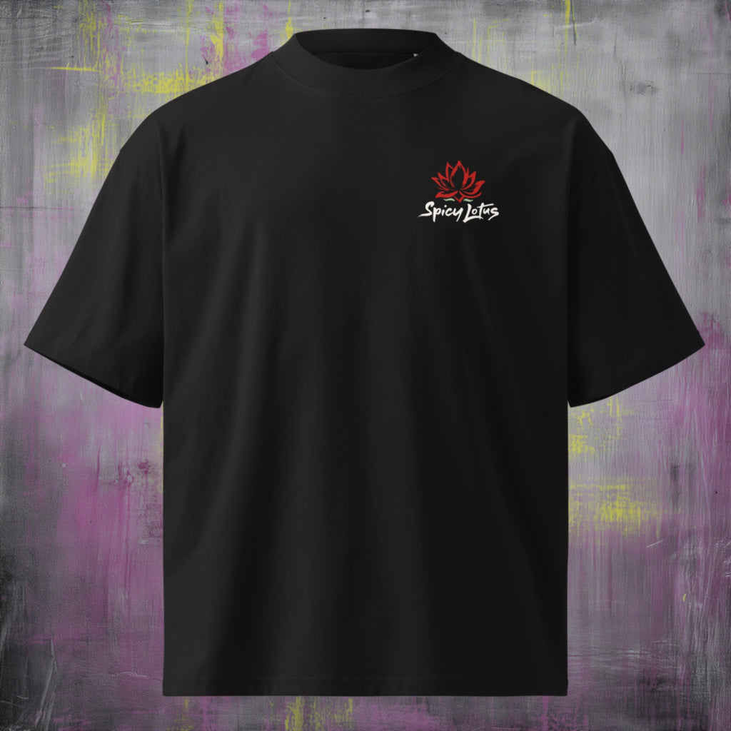 Small left chest logo on Roll With Us oversized organic tee