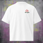 Small left chest logo on Roll With Us oversized organic tee