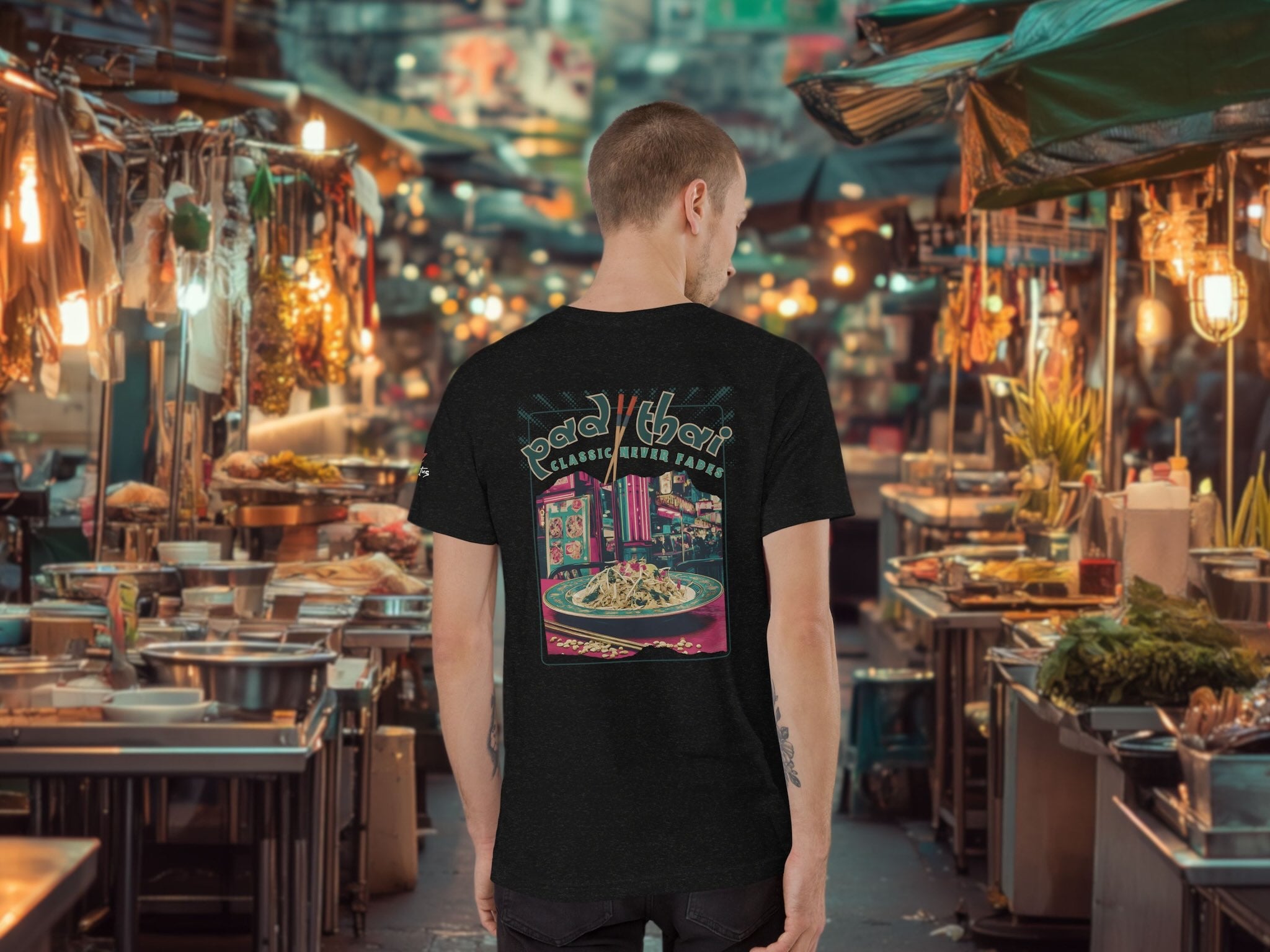 Model wearing Pad Thai t-shirt in Bangkok-inspired evening scene