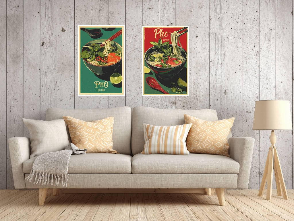 Two different styles of Pho soup showing on posters in a living room