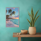 Vertical tropical canvas featuring palm trees and turquoise ocean on hallway wall