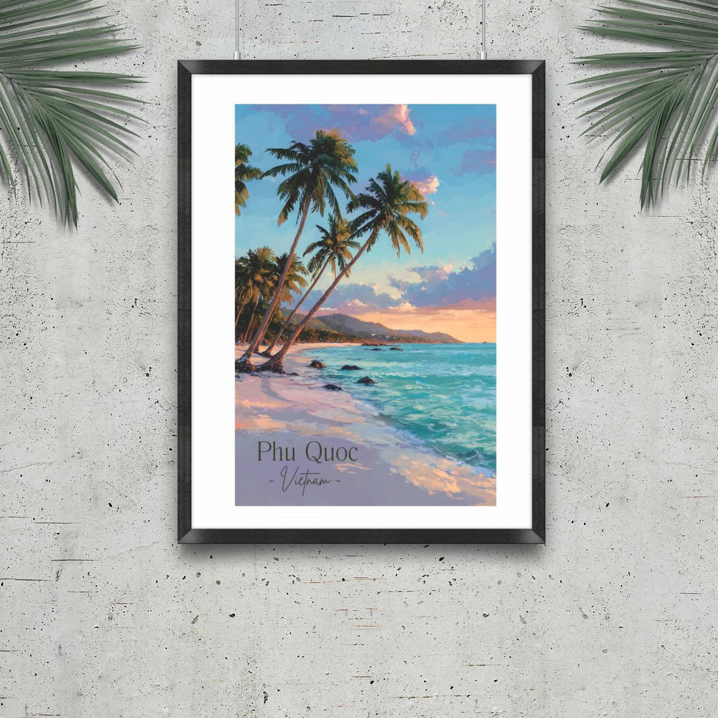 Vietnam sunset wall art with glowing clouds and turquoise ocean in black frame