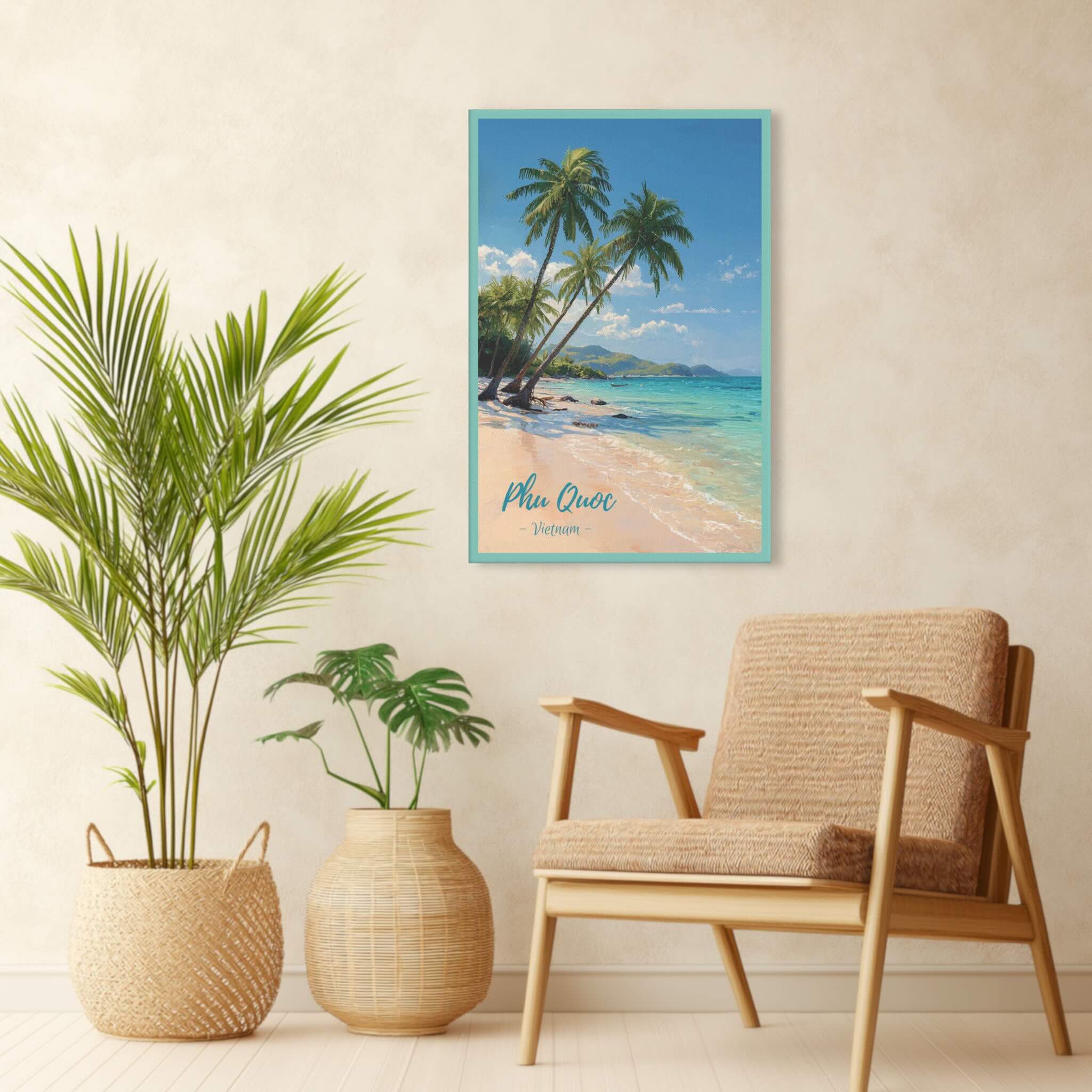 Tropical travel illustration of Phu Quoc beach at noon on living room wall