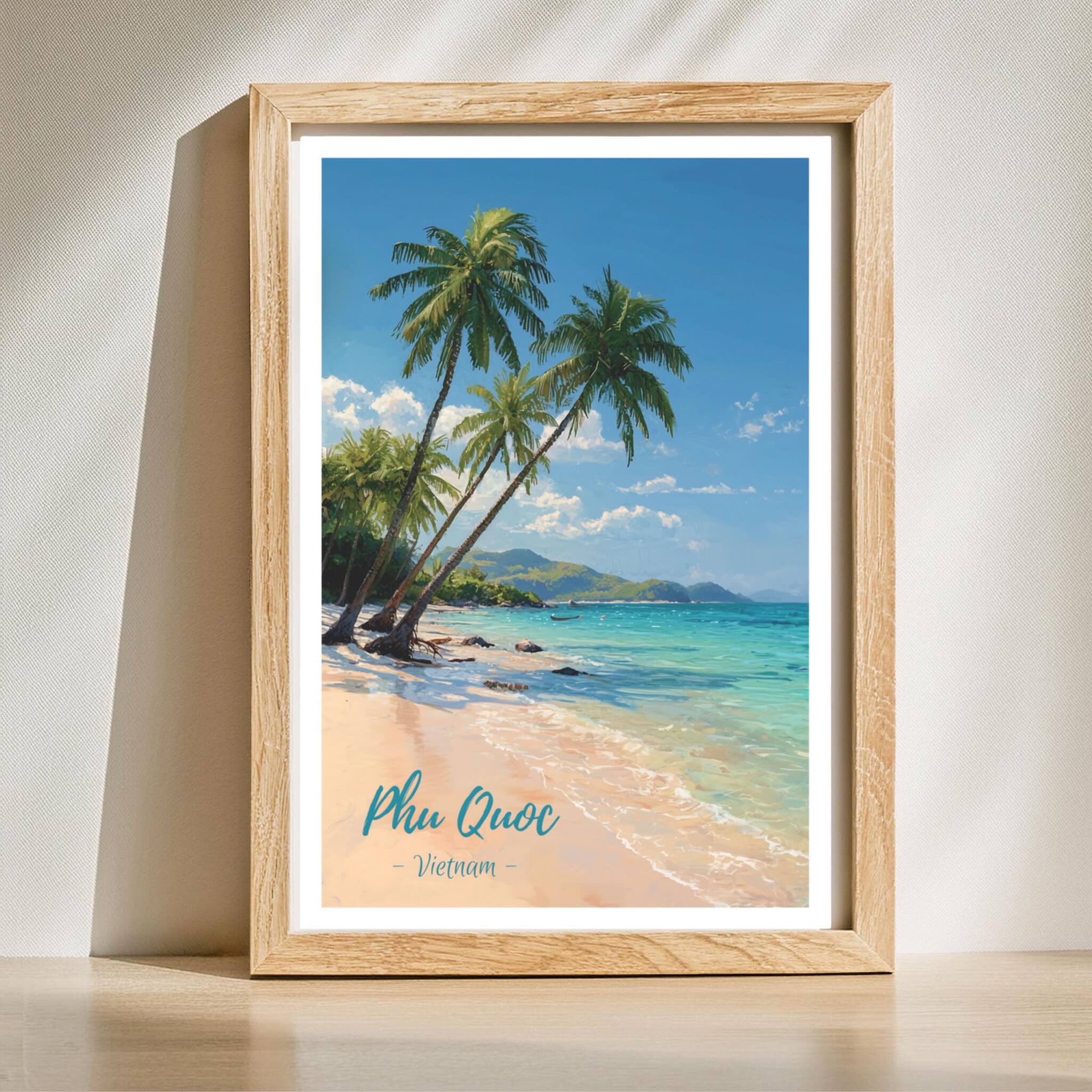 Vietnam island wall art with blue ocean and midday sun in wooden frame