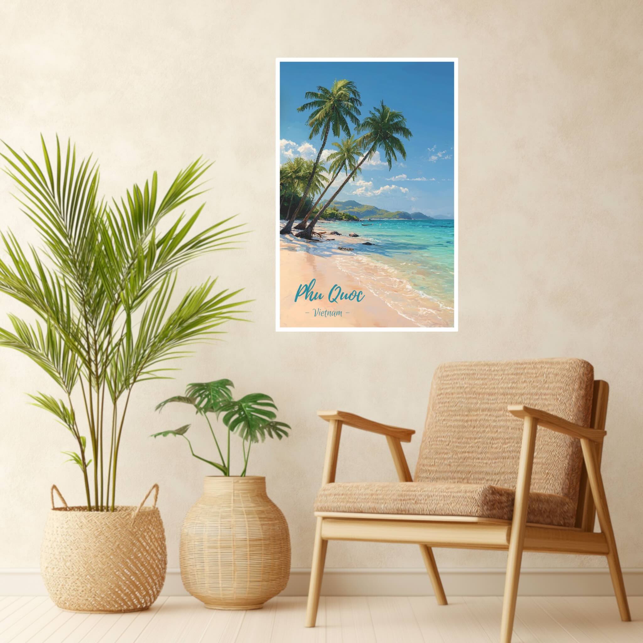 Tropical travel illustration of Phu Quoc beach at noon on a living room wall