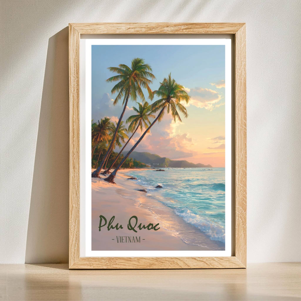 Vietnam island wall art with turquoise ocean and pastel sky in wooden frame