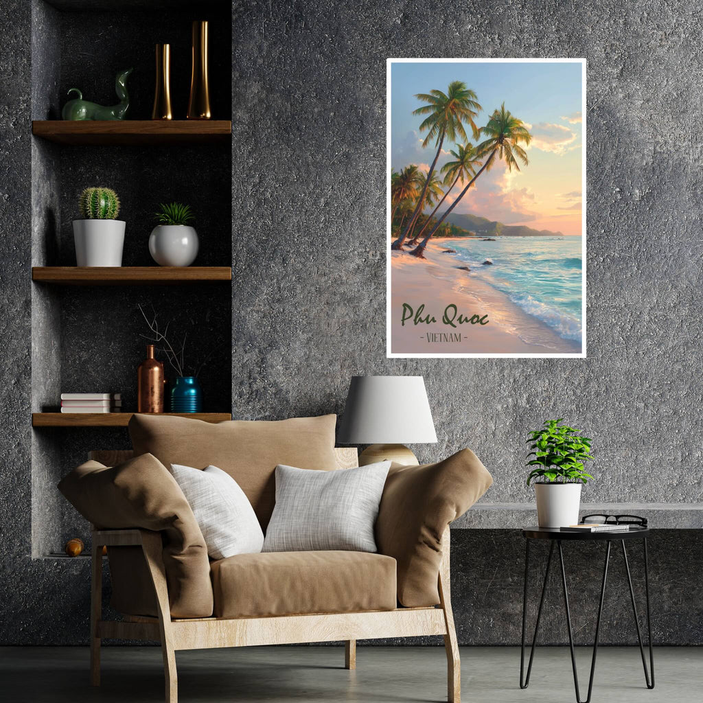 Calm beach sunset wall decor with palm silhouettes on living room poster