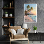 Calm beach sunset wall decor with palm silhouettes on living room poster