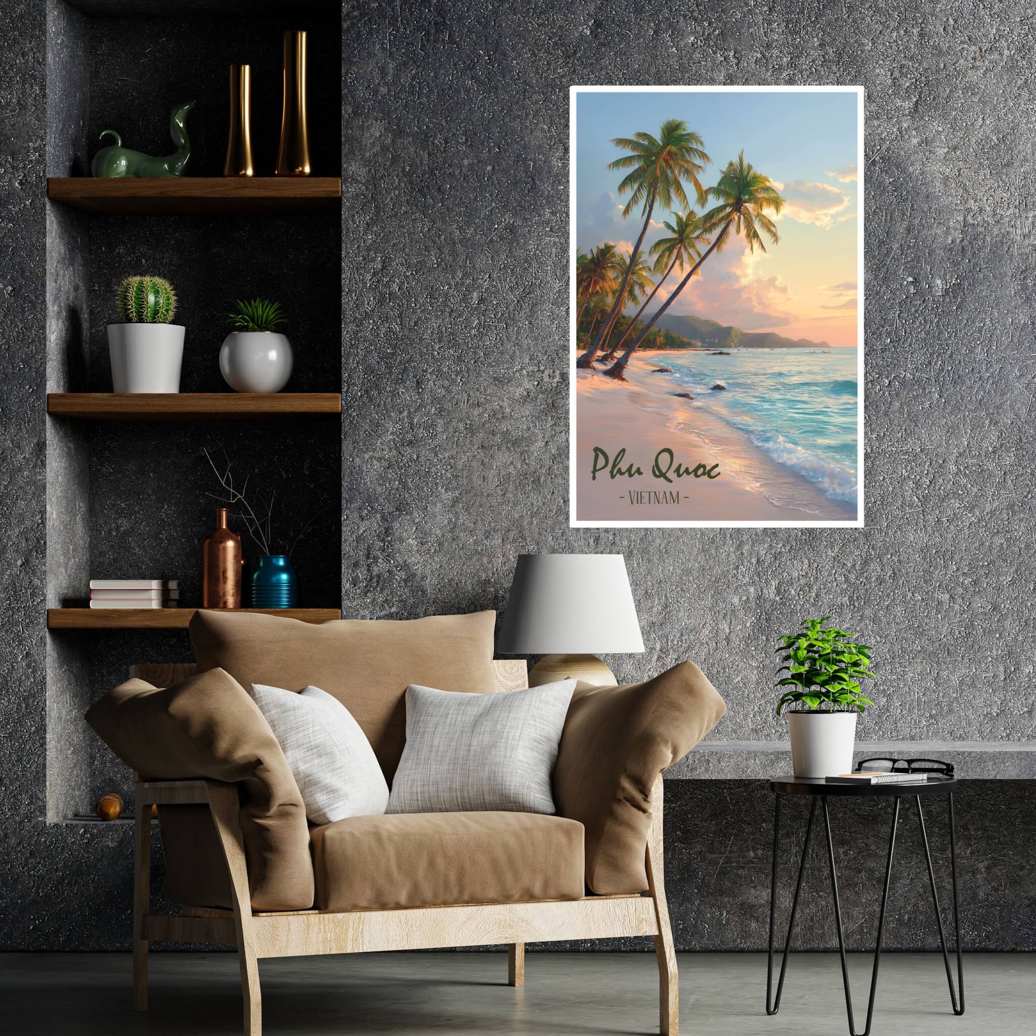 Calm beach sunset wall decor with palm silhouettes on living room poster