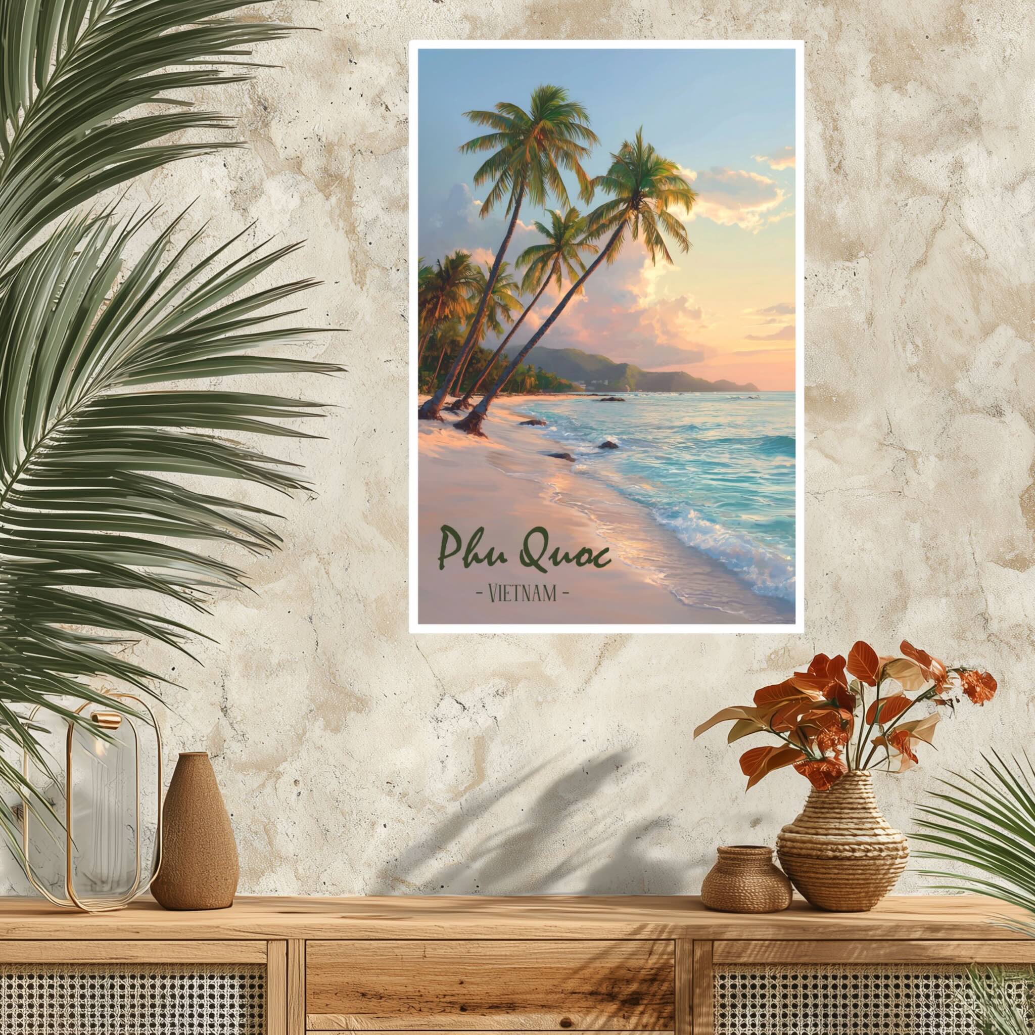 Tropical travel poster inspired by Phu Quoc coastline against decorated wall