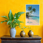 Vertical poster featuring palm trees and summer sky against yellow wall