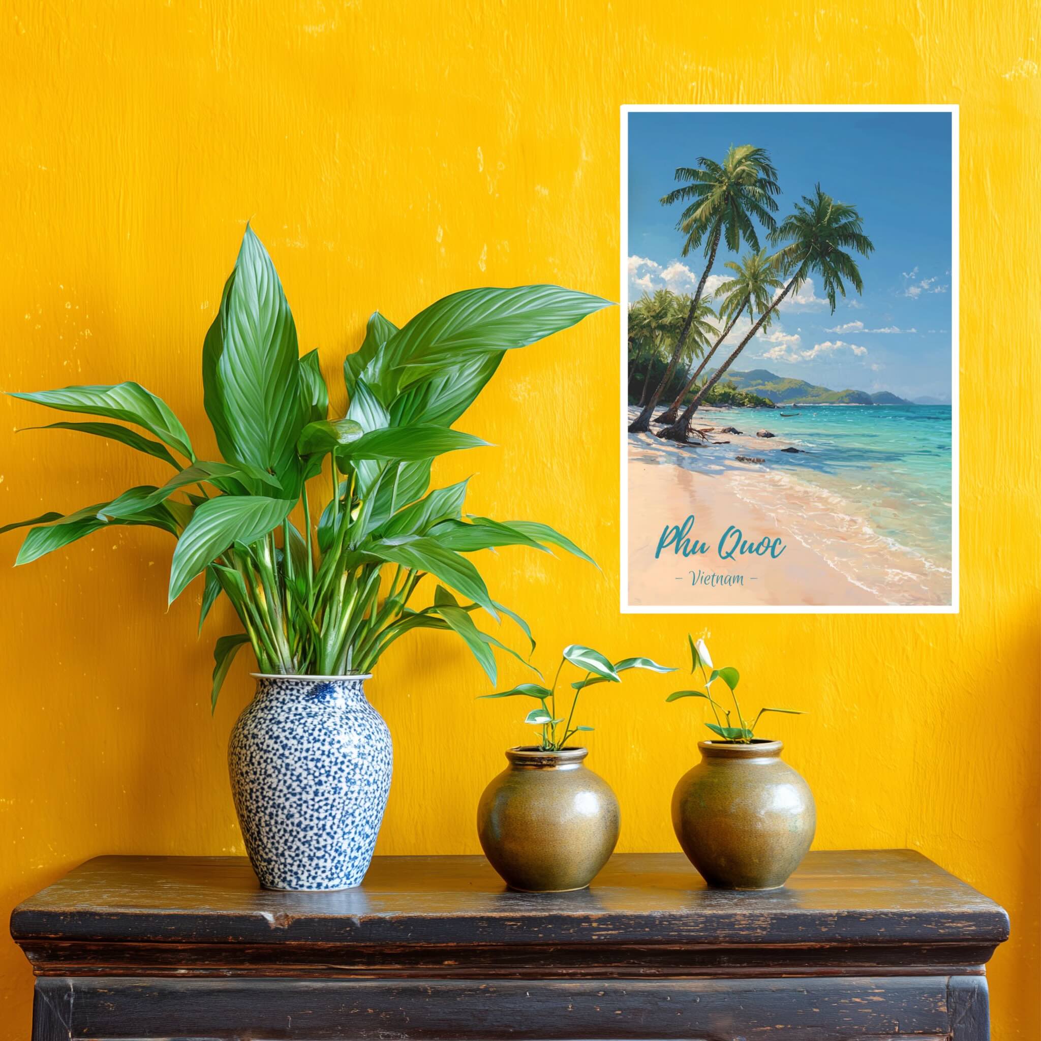 Vertical poster featuring palm trees and summer sky against yellow wall